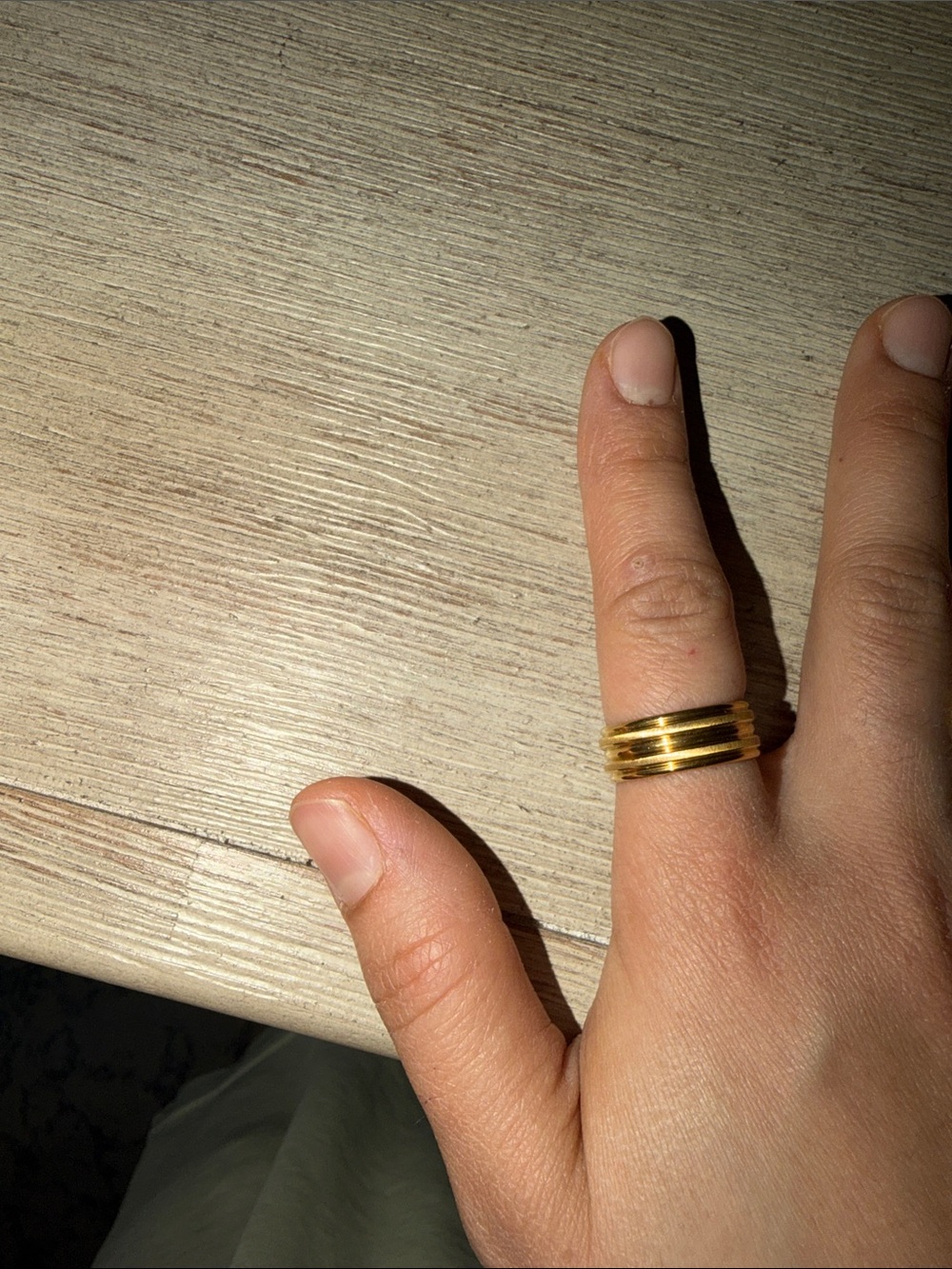 Gold Tone Stacked Band Ring - Wide Ribbed Design